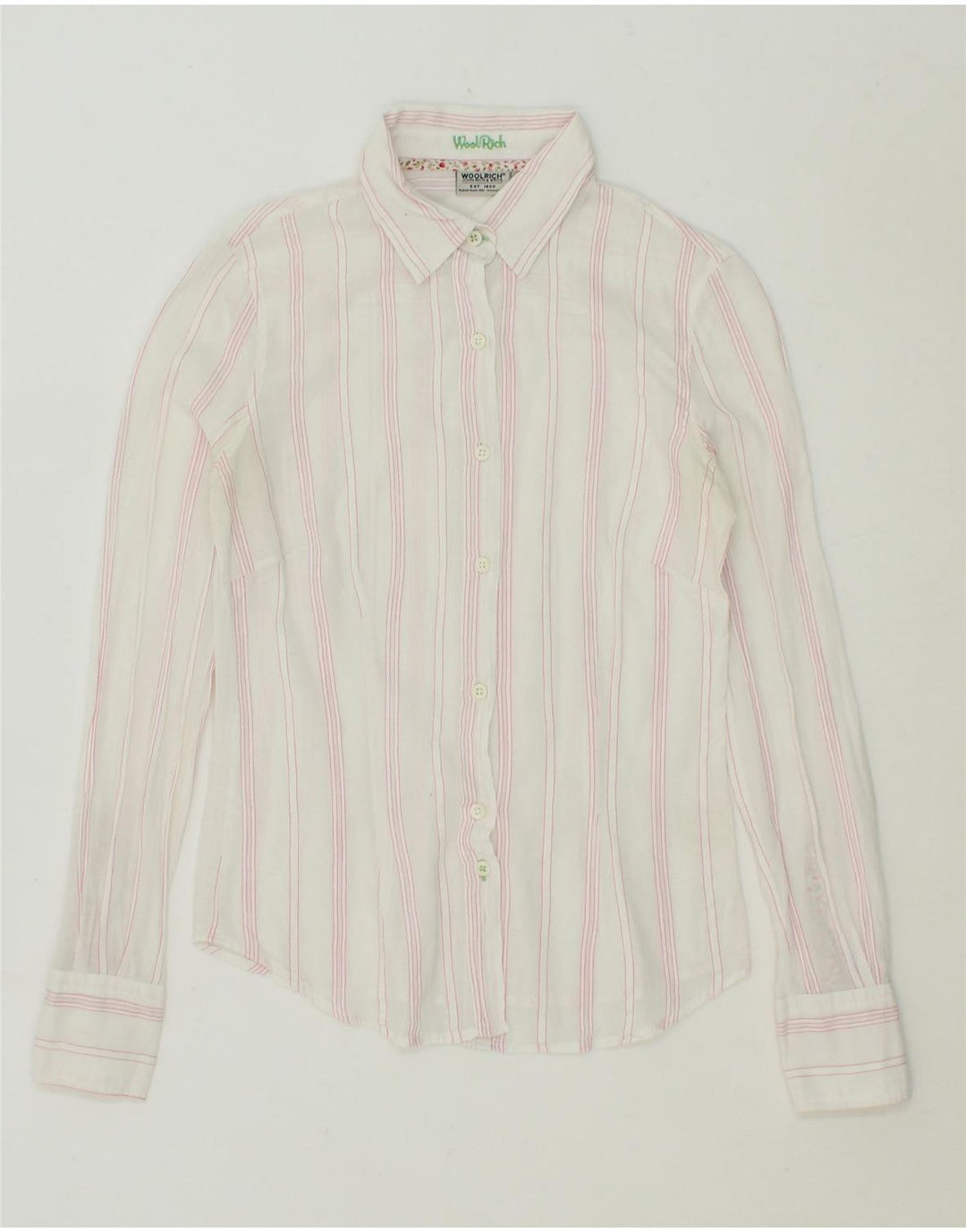 WOOLRICH Womens Shirt UK 12 Medium White Striped Vintage Woolrich and Second-Hand Woolrich from Messina Hembry 
