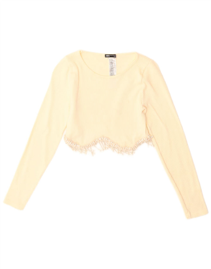 Zara Damen Crop Top Langarm UK 4 XS Gelb Polyamid