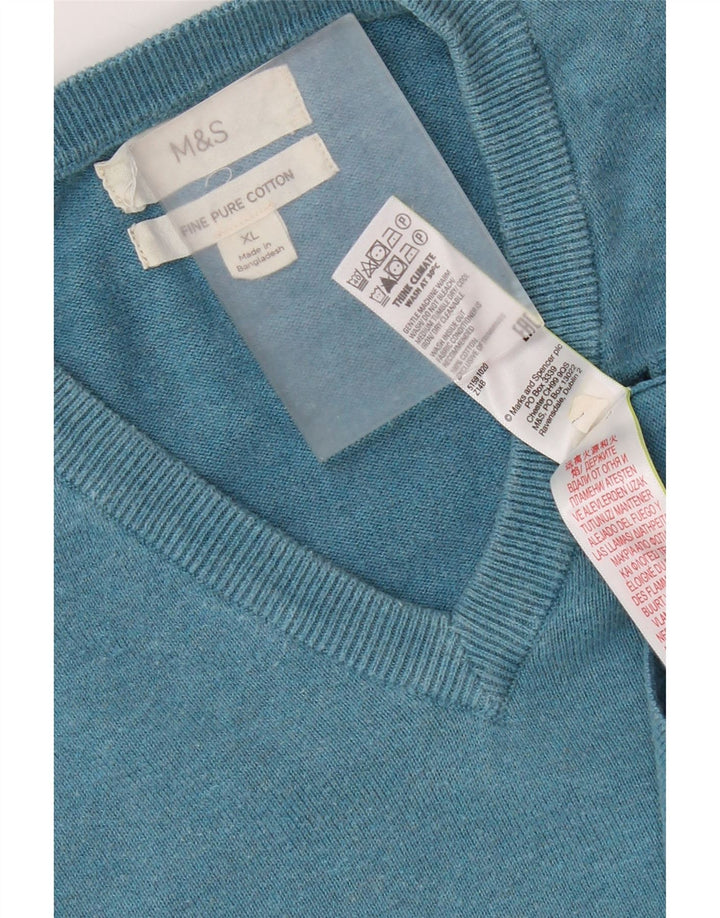 Marks & Spencer Herren-Pullover mit V-Ausschnitt, XL, blaue Baumwolle