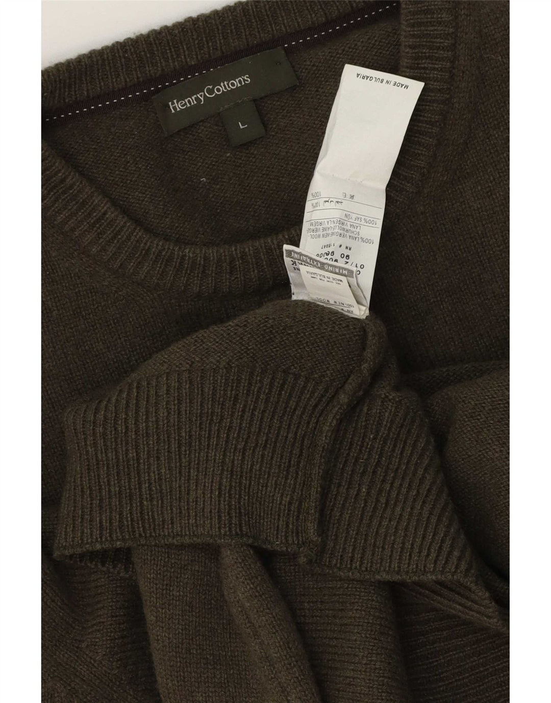 Henry Cottons Herren-Pullover mit Rundhalsausschnitt, groß, Khaki, Schurwolle