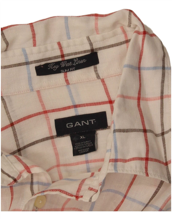 Gant Herren Slim Fit Hemd XL Weiß kariertes Leinen