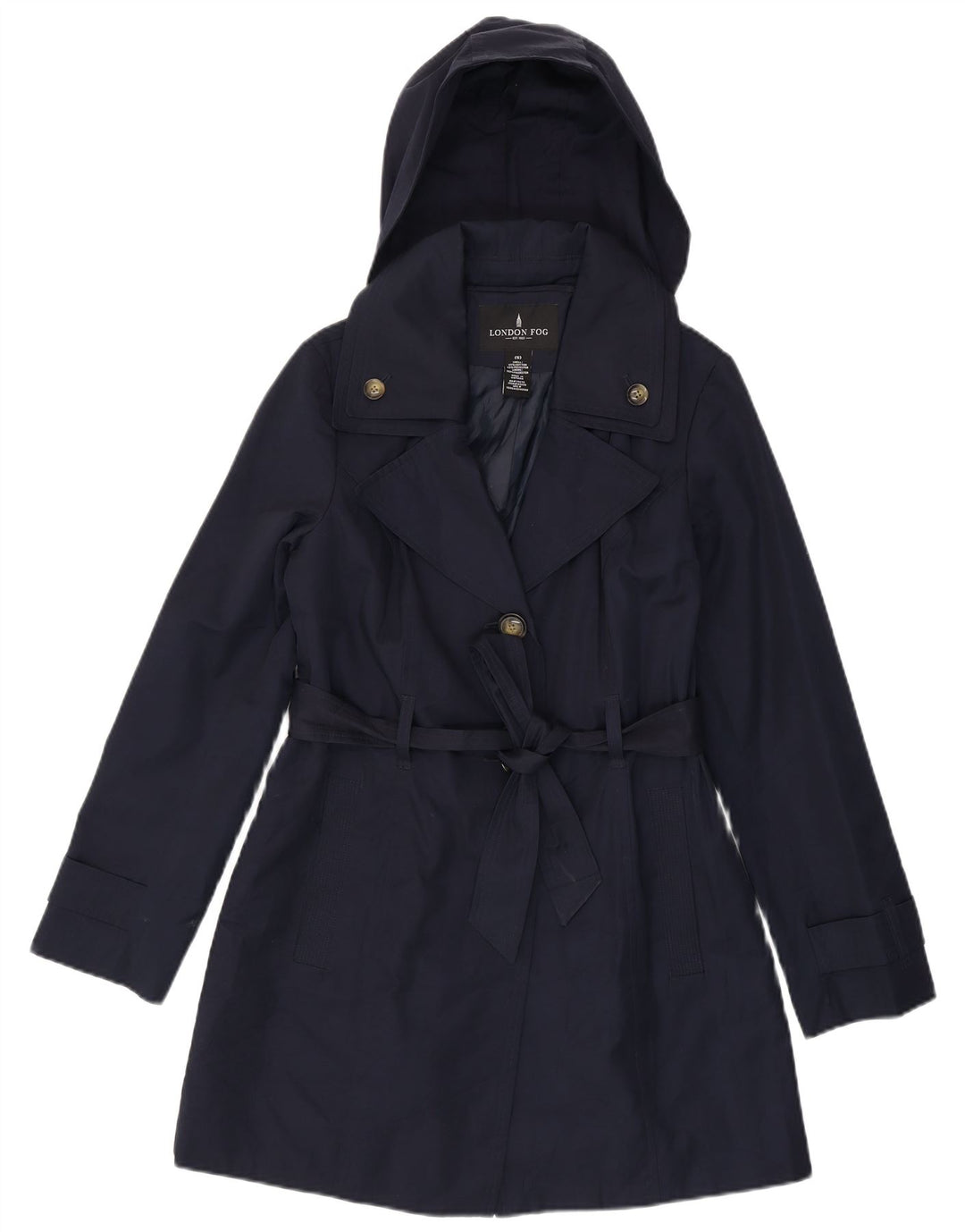 LONDON FOG Damen-Trenchcoat mit Kapuze, UK 10, Größe S, Marineblau, Baumwolle