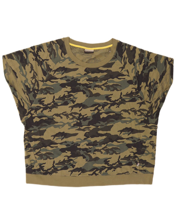 Napapijri Damen Übergroßes T-Shirt-Oberteil UK 14 Medium Khaki Camouflage Baumwolle