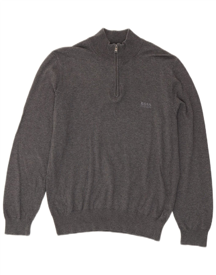 Hugo Boss Herren-Pullover mit Reißverschluss am Hals, kleine graue Baumwolle