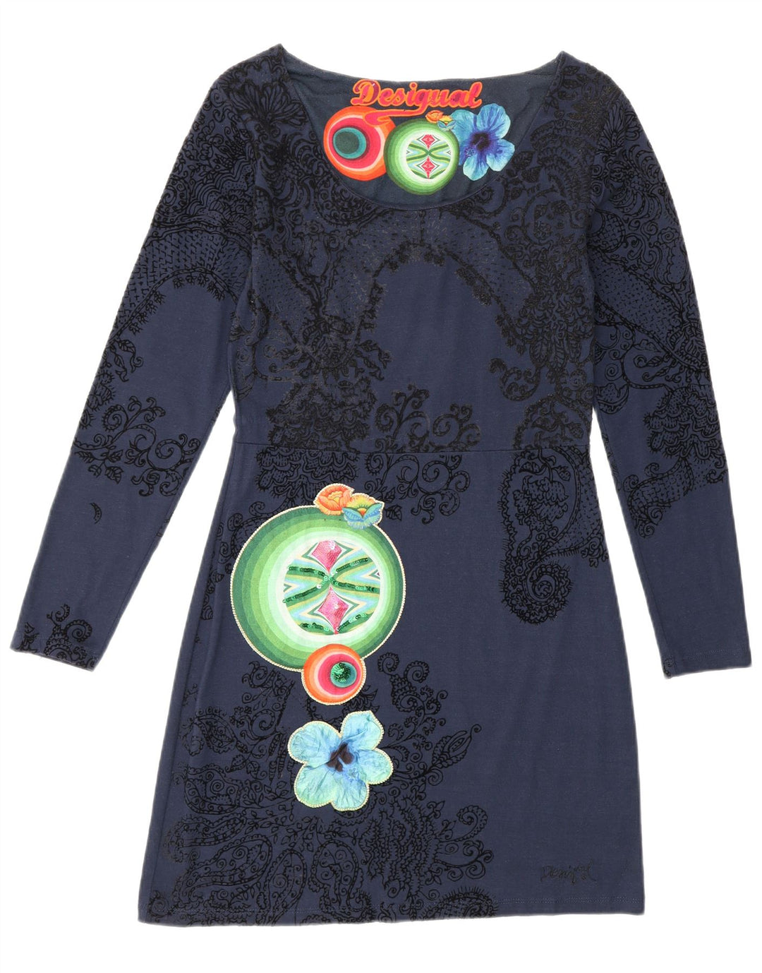 Desigual Damen Grafisches Langarm-Etuikleid aus mittelblauer Viskose mit Blumenmuster
