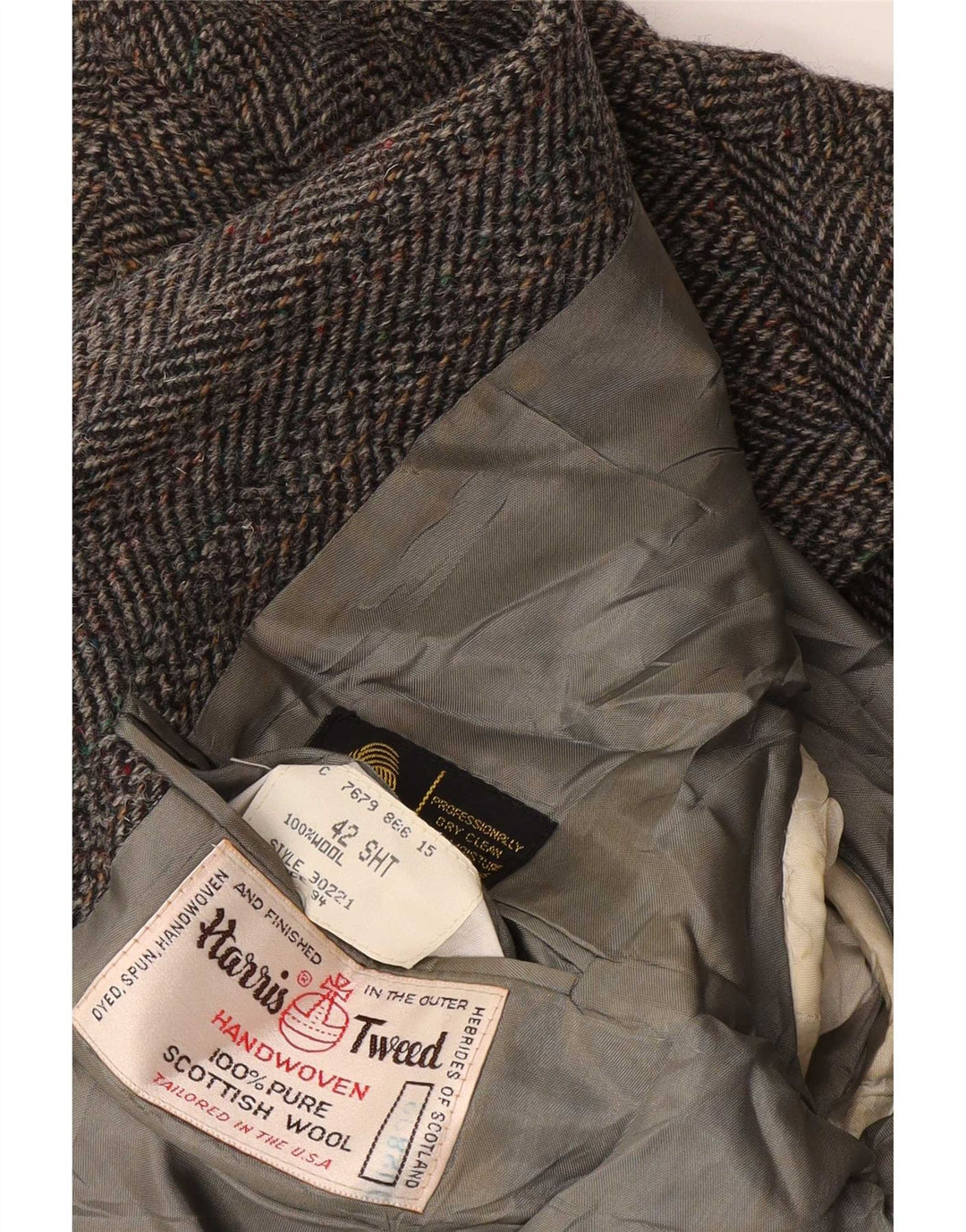 Kurze Blazerjacke für Herren aus Harris Tweed, UK 42, mittelgrau, Fischgrätenmuster