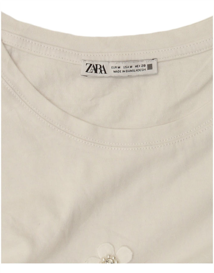 Zara Damen T-Shirt Top UK 14 Mittelweiß geblümt
