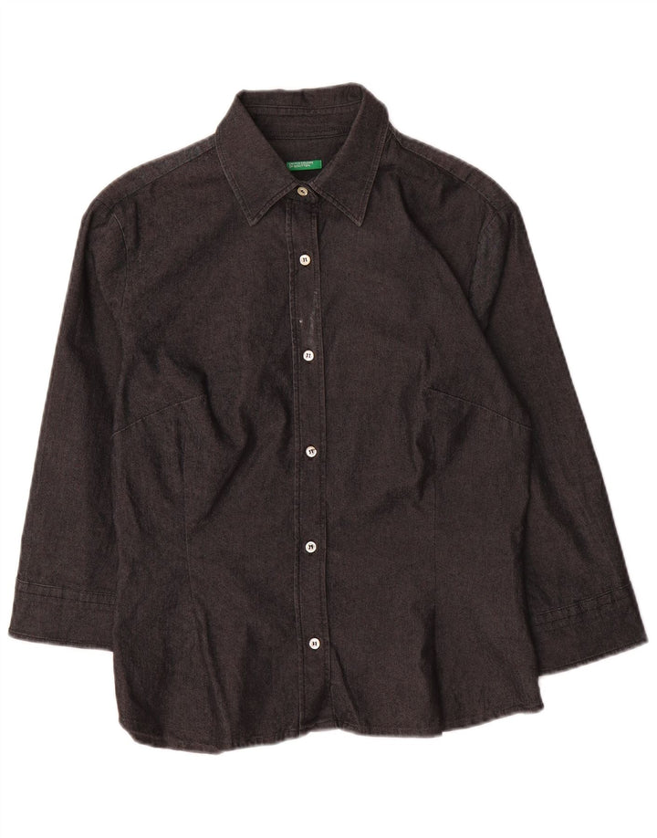 BENETTON Damen-Hemd mit 3/4-Ärmeln, UK 10, Größe S, Grau, Baumwolle