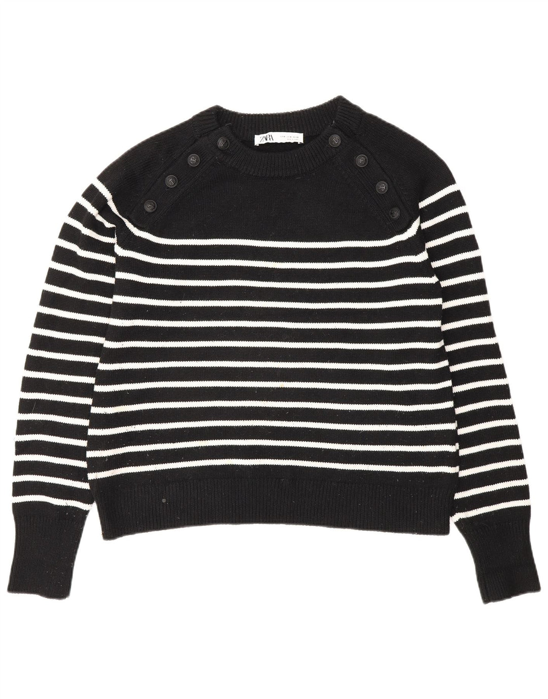 Zara Damen-Pullover mit U-Boot-Ausschnitt, Gr. 14, Mittelschwarz, gestreift, Polyester