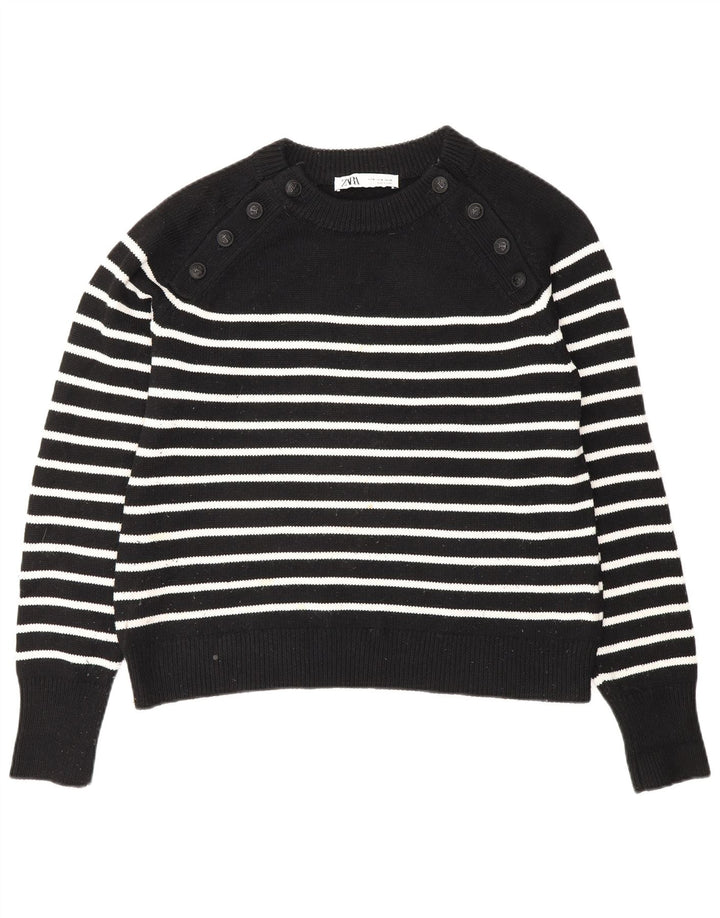 Zara Damen-Pullover mit U-Boot-Ausschnitt, Gr. 14, Mittelschwarz, gestreift, Polyester