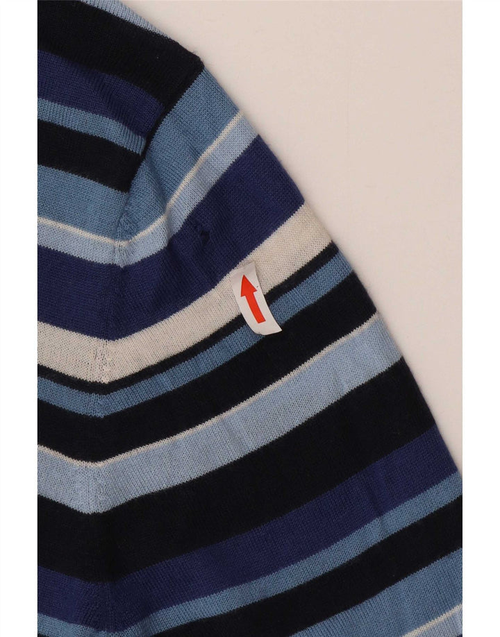 Rifle Herren-Pullover mit V-Ausschnitt aus mittelblauer, gestreifter Wolle
