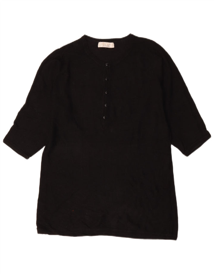 Zara Herren-Pullover, kurzärmelig, Knopfkragen, Größe L, Schwarz