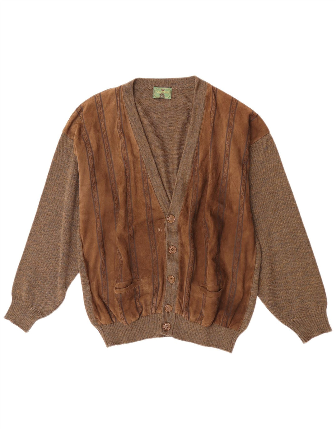 Vintage Herren Wildleder Cardigan Pullover Große braune geometrische Wolle