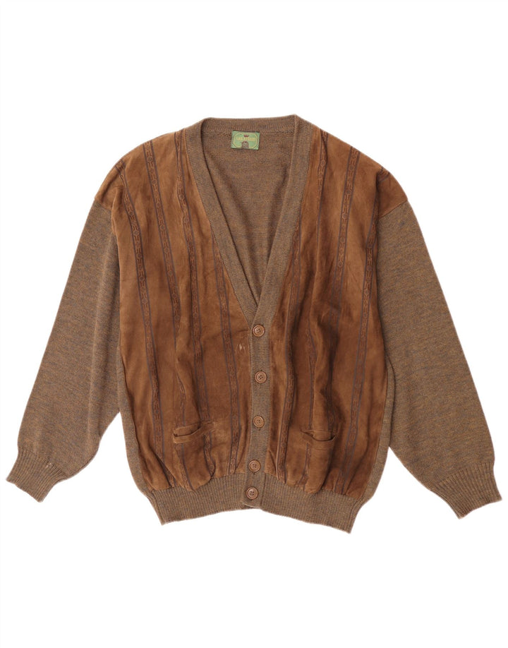 Vintage Herren Wildleder Cardigan Pullover Große braune geometrische Wolle