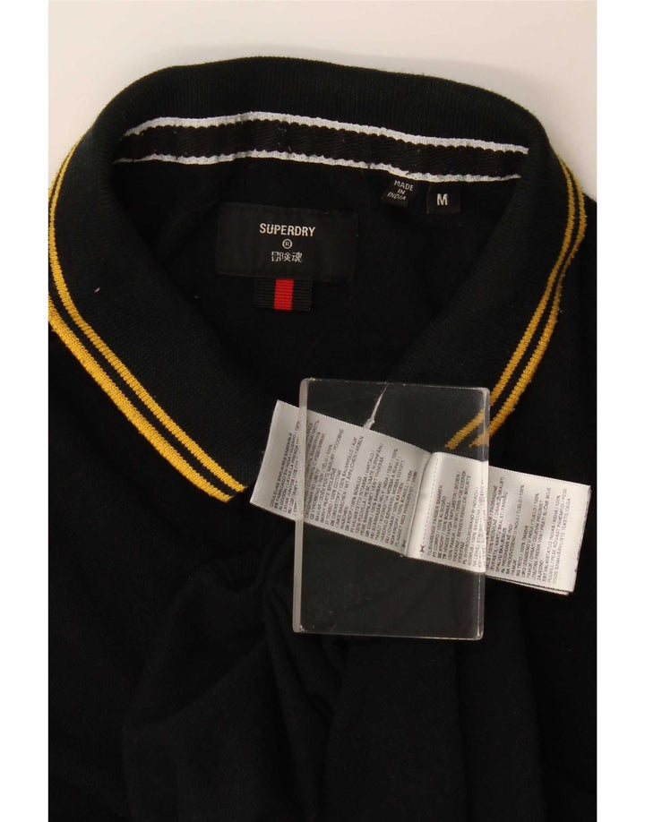 Superdry Herren-Langarm-Poloshirt aus mittelschwarz gestreifter Baumwolle