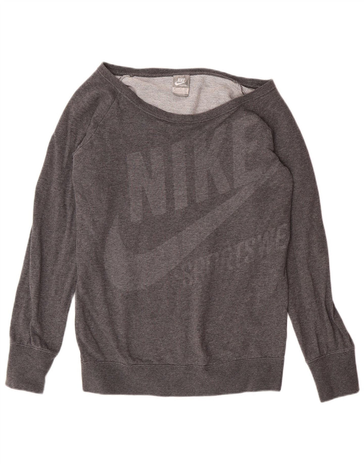 Nike Damen Graphic Off Shoulder Sweatshirt Pullover UK 12 Mittelgraue Baumwolle