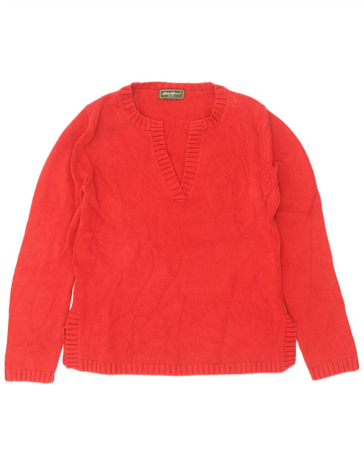 Eddie Bauer Damen-Pullover mit V-Ausschnitt, UK 12, mittelrote Baumwolle