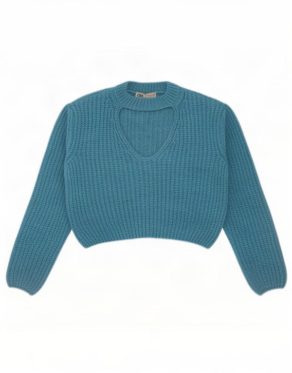 Zara Damen Crop Crew Neck Pullover Pullover UK 14 Mittelblaues Acryl