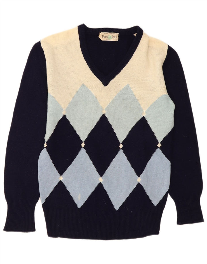 VINTAGE Womens V-Neck Jumper Sweater UK 12 Medium Navy Blue Argyle/Diamond