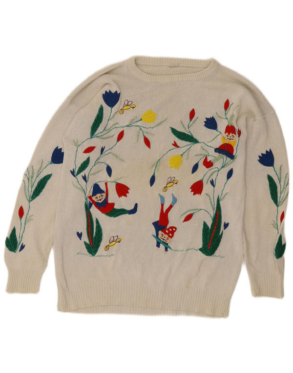 Vintage Damen Pullover mit grafischem U-Boot-Ausschnitt, Gr. 14, groß, weiß geblümt