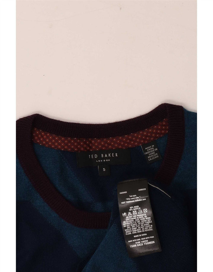 Ted Baker Herren-Pullover mit Rundhalsausschnitt, Größe 5 XL, blaue geometrische Wolle