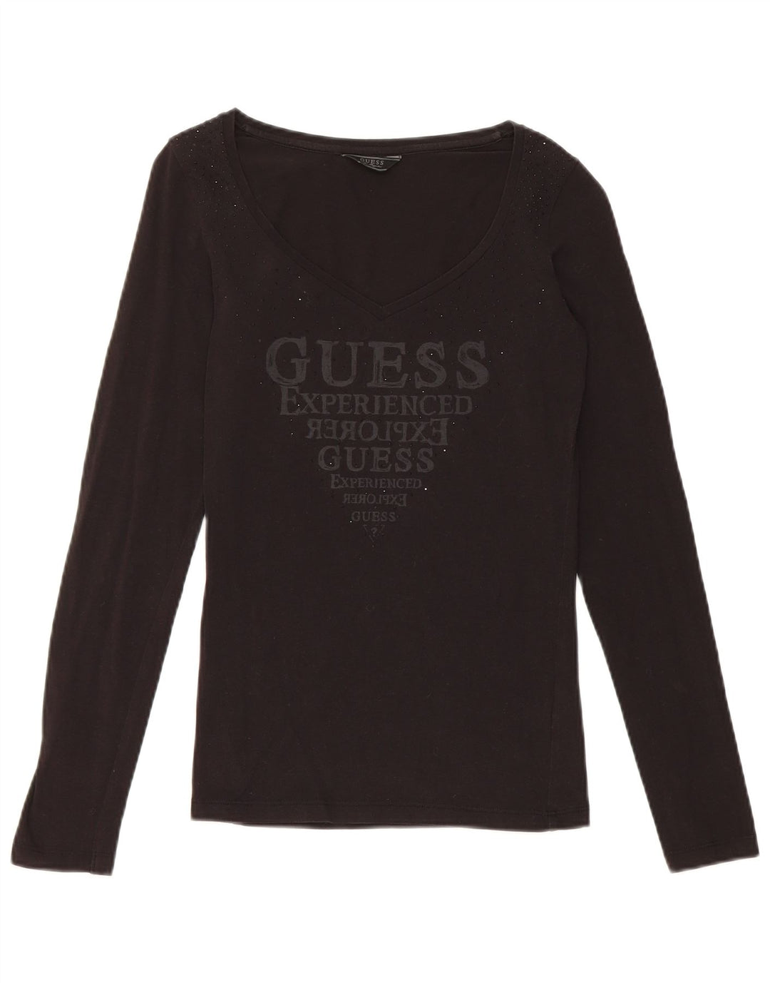 Guess Damen-Top mit Grafik, langärmlig, UK-Größe 8, Größe S, Schwarz, Baumwolle