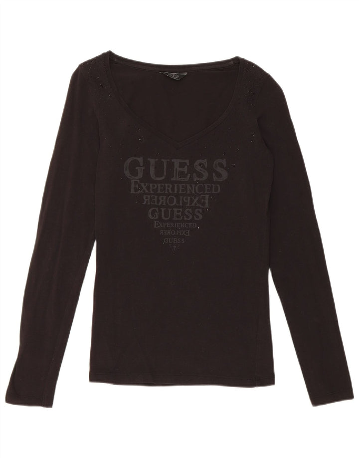 Guess Damen-Top mit Grafik, langärmlig, UK-Größe 8, Größe S, Schwarz, Baumwolle