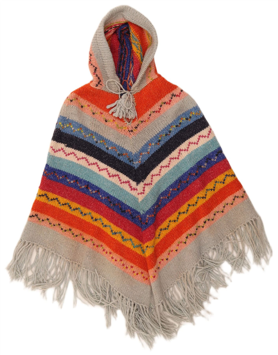 Vintage Damen Poncho-Pullover mit Kapuze, Einheitsgröße, mehrfarbig, geometrisch