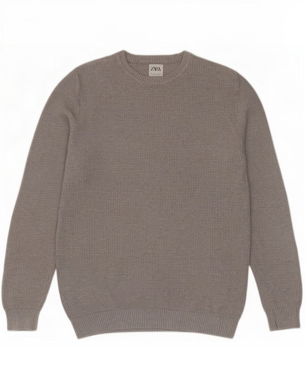 Zara Herren-Pullover mit Rundhalsausschnitt, groß, graue Baumwolle