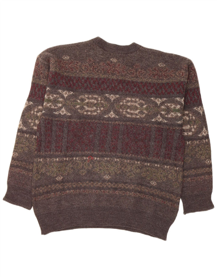 Vintage Herren-Pullover mit Rundhalsausschnitt, groß, graue Fair-Isle-Wolle