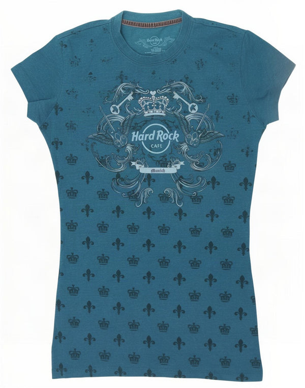 Hard Rock Cafe Damen Munich Graphic T-Shirt Top UK 10 Small Blau Baumwolle
