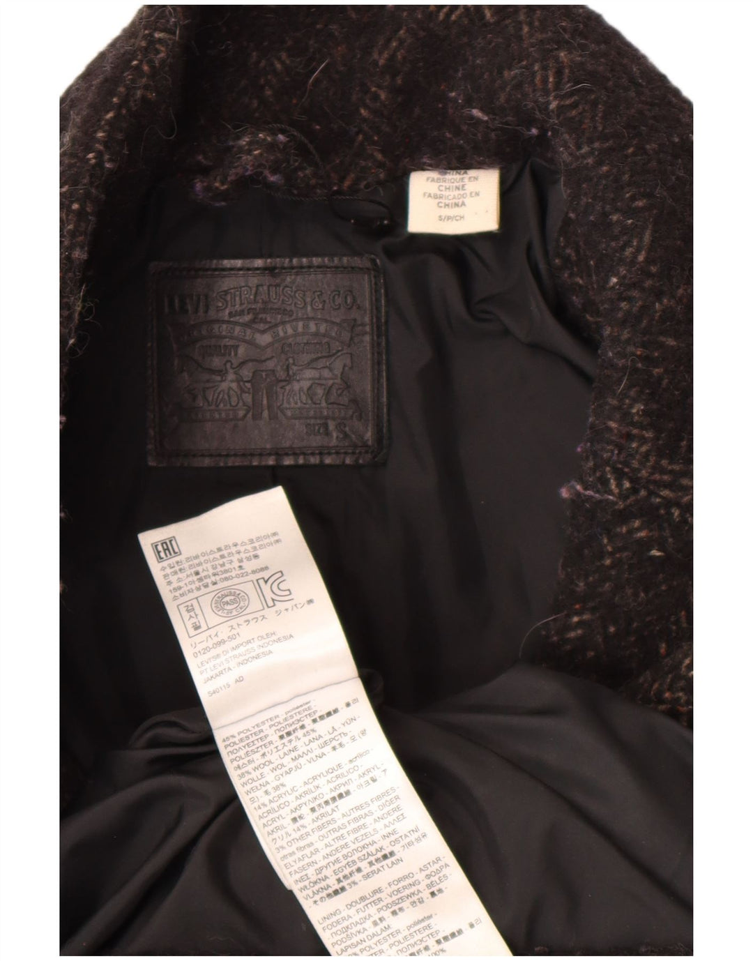 Levi's Damen Übergroßer Mantel UK 10 Small Schwarzes Fischgrätenmuster aus Polyester