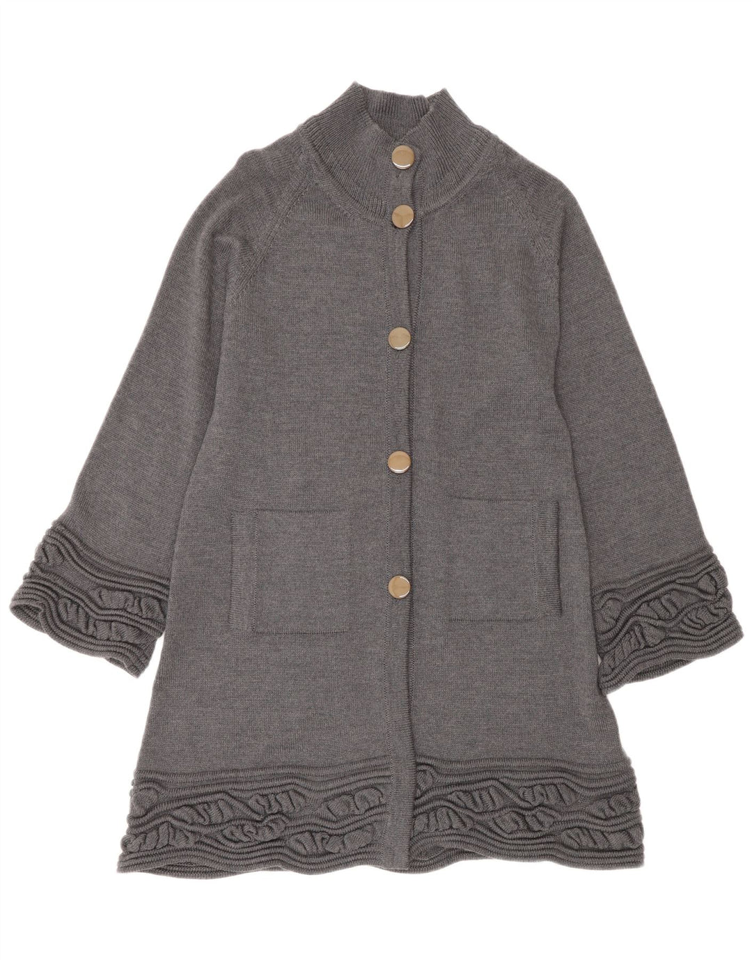 Langer Damen-Cardigan-Pullover UK 14 Mittelgraue Schurwolle