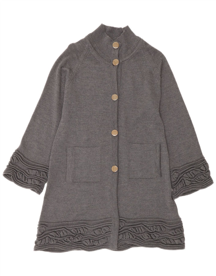 Langer Damen-Cardigan-Pullover UK 14 Mittelgraue Schurwolle