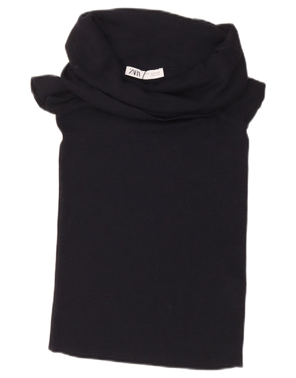 ZARA Damen Crop Bluse Top UK 12 Medium Schwarz Viskose