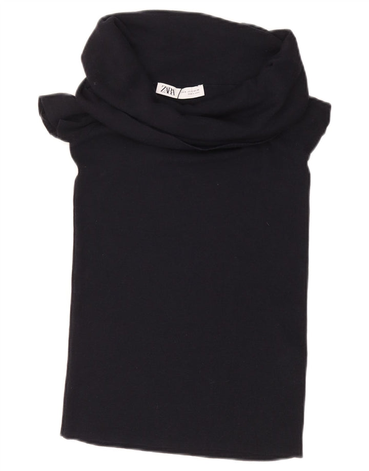 ZARA Damen Crop Bluse Top UK 12 Medium Schwarz Viskose