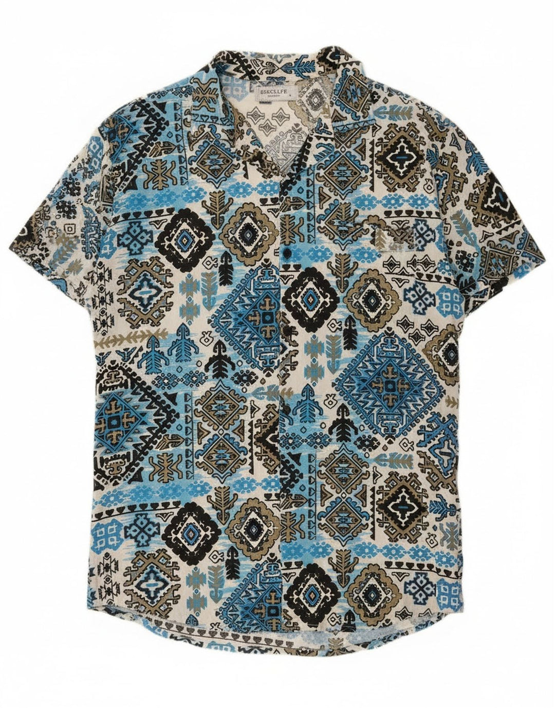 Vintage Herren Kurzarmhemd Groß Blau Ikat Rayon