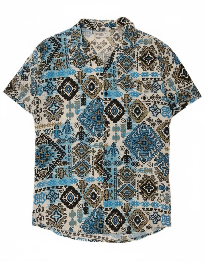 Vintage Herren Kurzarmhemd Groß Blau Ikat Rayon