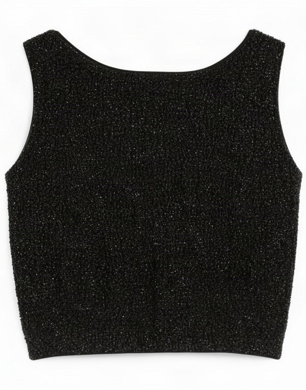Vintage Damen Durchsichtiges ärmelloses Crop Top UK 12 Mittelschwarze Lammwolle