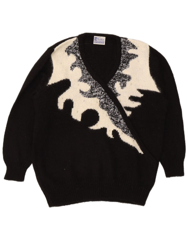 Vintage Damen Pullover mit V-Ausschnitt IT 50 XL Schwarz Colourblock Acryl
