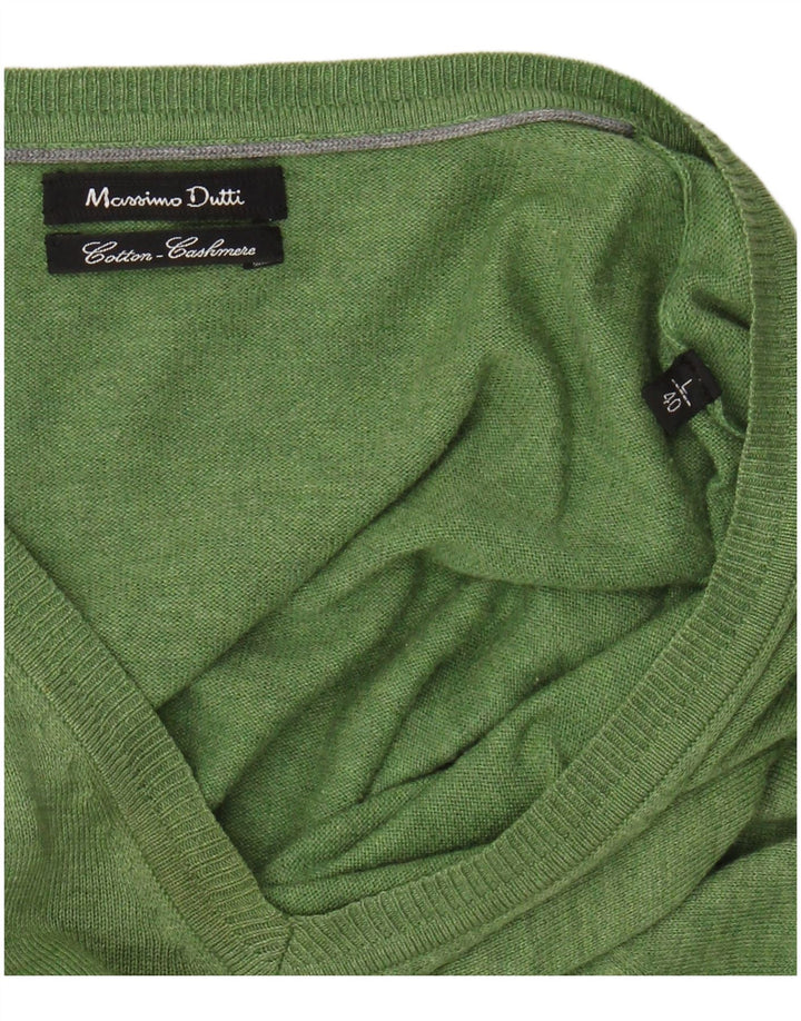 MASSIMO DUTTI Damen-Pullover mit V-Ausschnitt, UK 16, Größe L, grüne Baumwolle