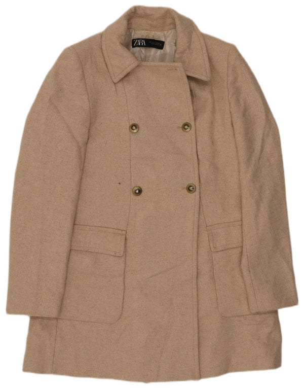 Zara Damen Zweireihiger Mantel UK 10 Small Beige Wolle
