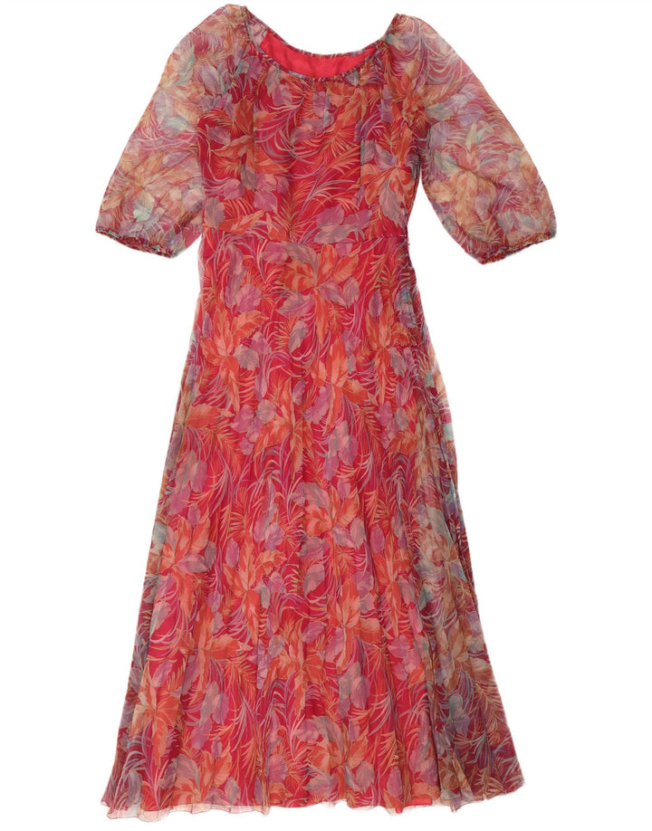 VINTAGE Maxikleid für Damen mit 3/4-Ärmeln, Größe 42, Mittelrot, Blumenmuster, Polyester