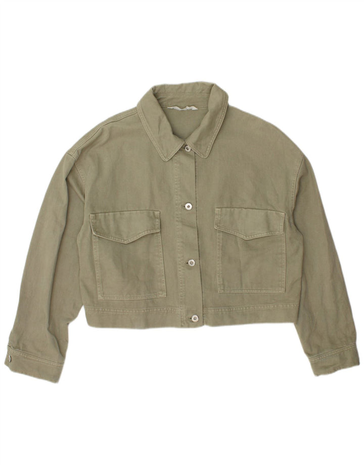 Zara Damen Crop Denim Jacke UK 16 Large Khaki Baumwolle