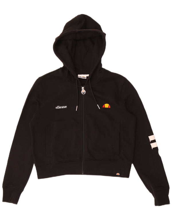 Ellesse Womens Crop Graphic Zip Hoodie Pullover UK 10 Small Schwarz Baumwolle