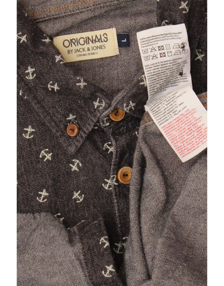 Jack & Jones Herren-Hemd mit abstraktem Muster, kurzärmelig, groß, aus grauer Baumwolle