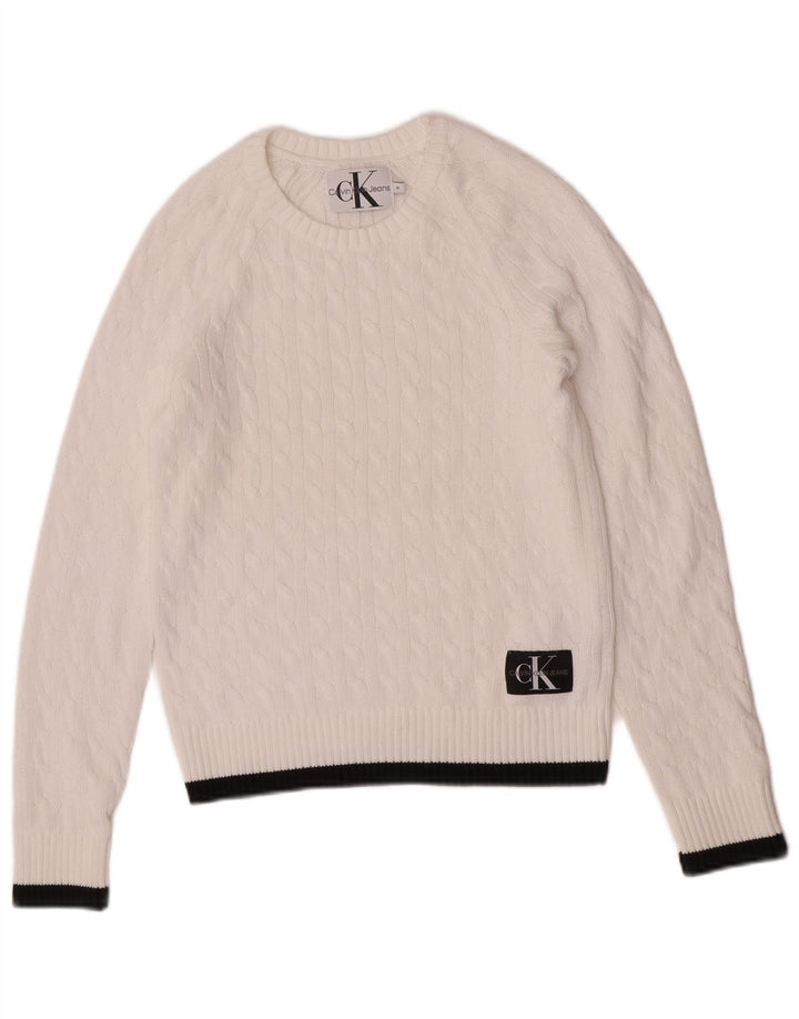 Calvin Klein Jeans Damen Pullover mit Rundhalsausschnitt, UK 12, Mittelweiß