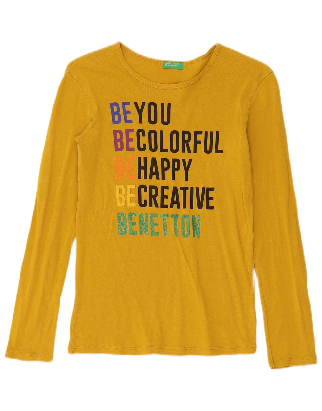 Benetton Womens Graphic Top Langarm UK 8 Small Gelb