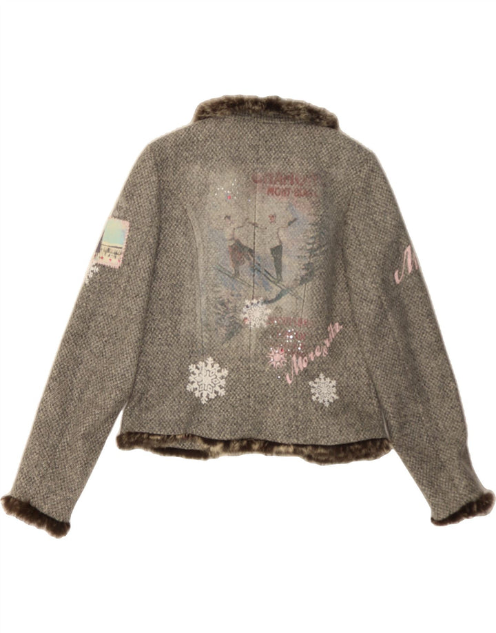 VINTAGE Womens Graphic Open Blazer Jacket EU 40 Medium Grey Acetate Vintage Vintage and Second-Hand Vintage from Messina Hembry 