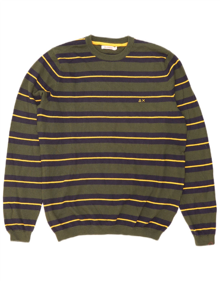 Sun68 Herren-Pullover mit Rundhalsausschnitt, kleine grün gestreifte Wolle